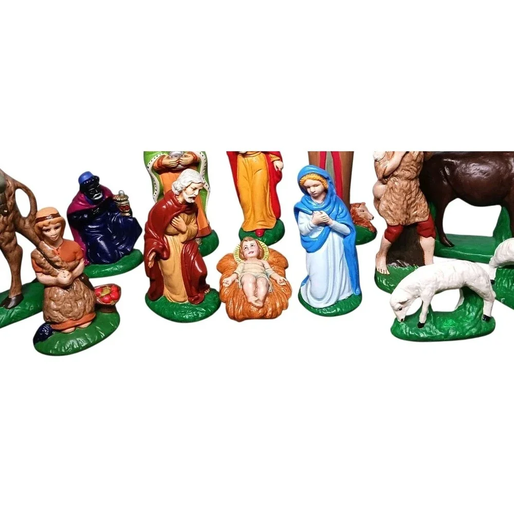Vintage Nativity Set 18 Piece Solid Chalkware Plaster Hand Painted Manger Scene